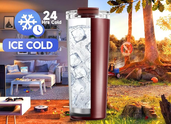 Meoky 24 oz Insulated Travel Coffee Mug: Leak Proof Lid, Mahogany | Stainless Steel Coffee Tumbler, Keeps Hot for 8 Hours or Cold for 24 Hours, Fits in Car Cup Holder, BPA Free