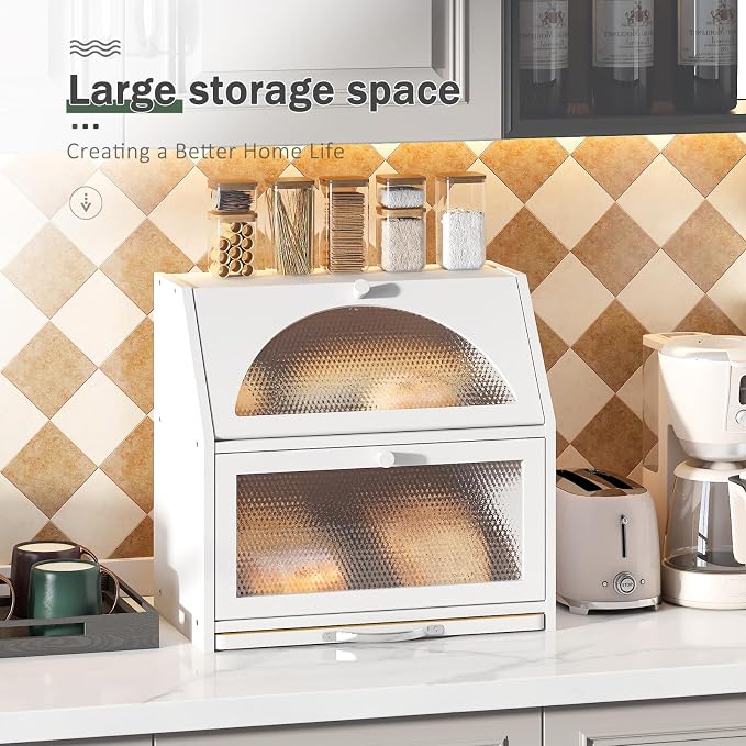 STDDRE Double Layer Bamboo Corner Bread Box with Cutting Board(White) | Extra-large capacity. Double Layer Bread Storage Bin with Door Panel for Kitchen Counter.for kitchen counter