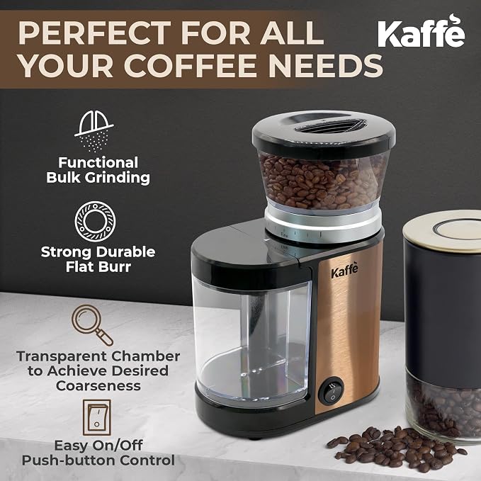 Kaffe Electric Burr Coffee Grinder (5.5oz) w/Adjustable Precise Coarseness Settings - Flat Burr - [Improved Motor] - Precision Coffee Bean Grinder for Home Use - Copper
