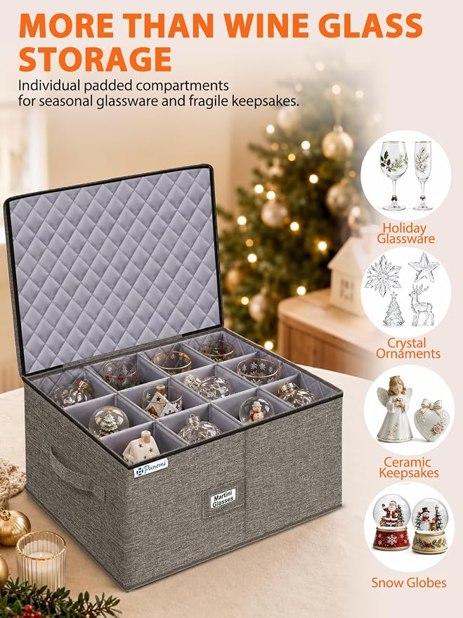 Wine Glass Storage Box for Martini, 5" Wide Cell Hard Shell China Storage Containers with Dividers, Stackable Stemware Storage Holder for Glassware, Margarita, Goblets & Brandy Snifters, Grey