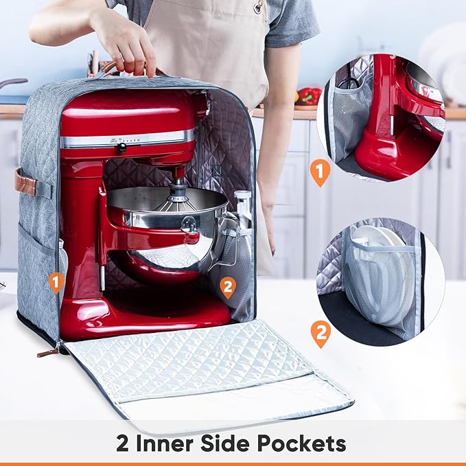 BAGSPRITE Stand Mixer Cover with Appliance Sliders Base Compatible with KitchenAid Mixer-Storage Bag for 6/7/8 Quart with Pockets for Kitchen Aid Accessories and Attachments