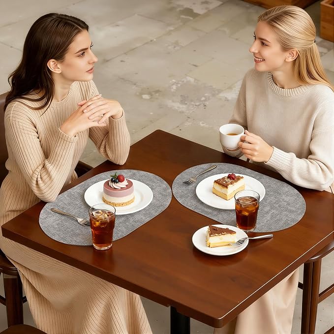 Placemats Set of 4, 11.8 x 17 Inch, Light Grey | Heat Resistant Oval Faux Leather Place Mats, Waterproof Wipeable Reversible PU Placemat, Indoor & Outdoor