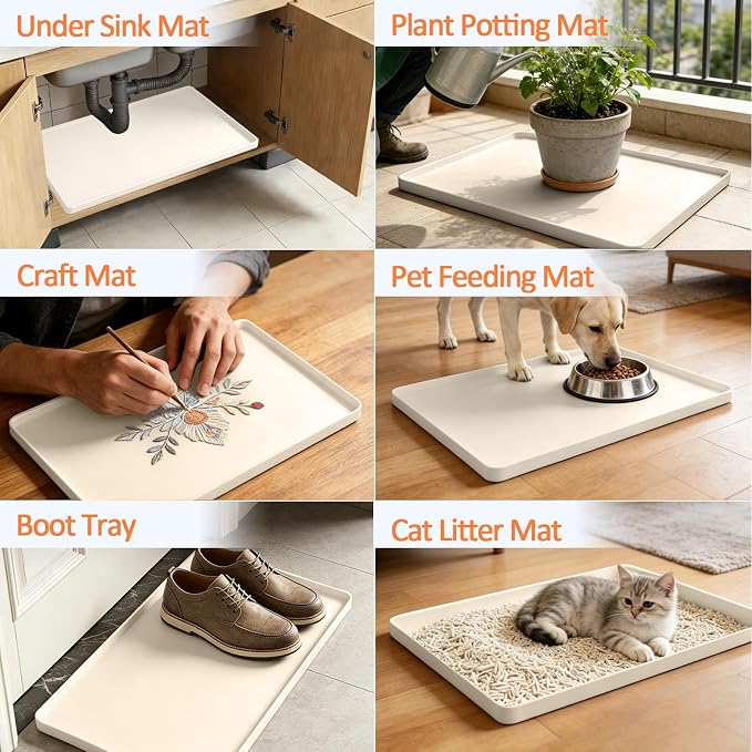 Silicone Coffee Maker Mat with Lip for Countertops 15.7''x11.8''Cream White | Multi leak-proof coffee tray for countertop, non-slip silicone mat fits most coffee makers & espresso machines, wipe-clean