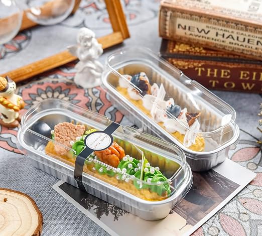 NPLUX Foil Loaf Pans with Lids, 50 Pack Silver 6.8oz for Takeout Meals | Use for mousse layers, cheesecake squares, blondies and candies; single-base workflow helps limit dish handling.