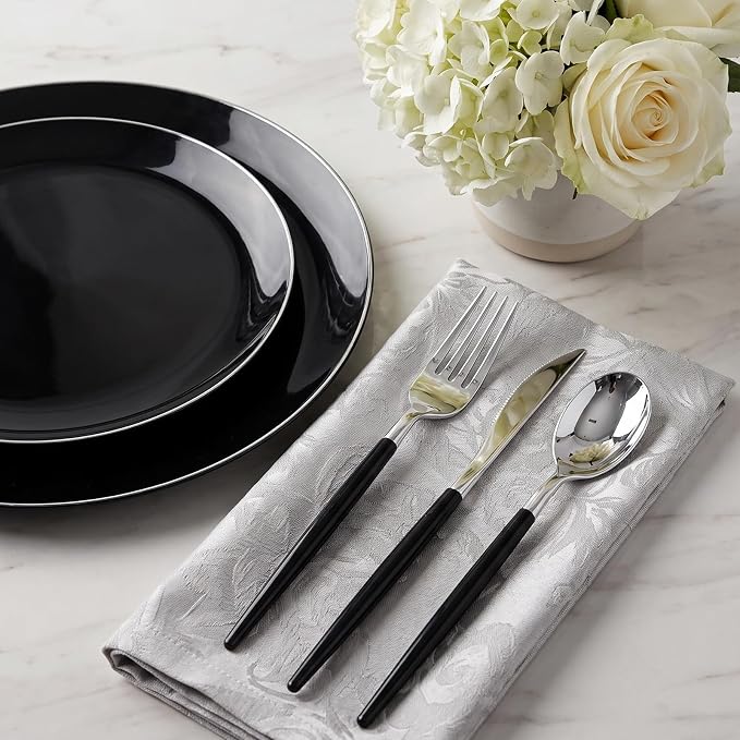 DaYammi 30 Guests Black Plastic Plates with Disposable Silverware,Silver Cutlery with Black Handle,Silver Disposable Dinnerware:60 Dinner/Dessert Plates,90 Plastic Silverware Set for Party Wedding