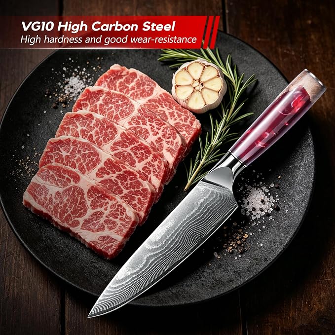 Damascus High Carbon Chefs Knife Ergonomic Handle(8In,Red Resin) | Japanese 67 Layers High Carbon Steel, Professional High-Class Ultra Sharp Cooking Knives Family & Restaurant, Gift Box