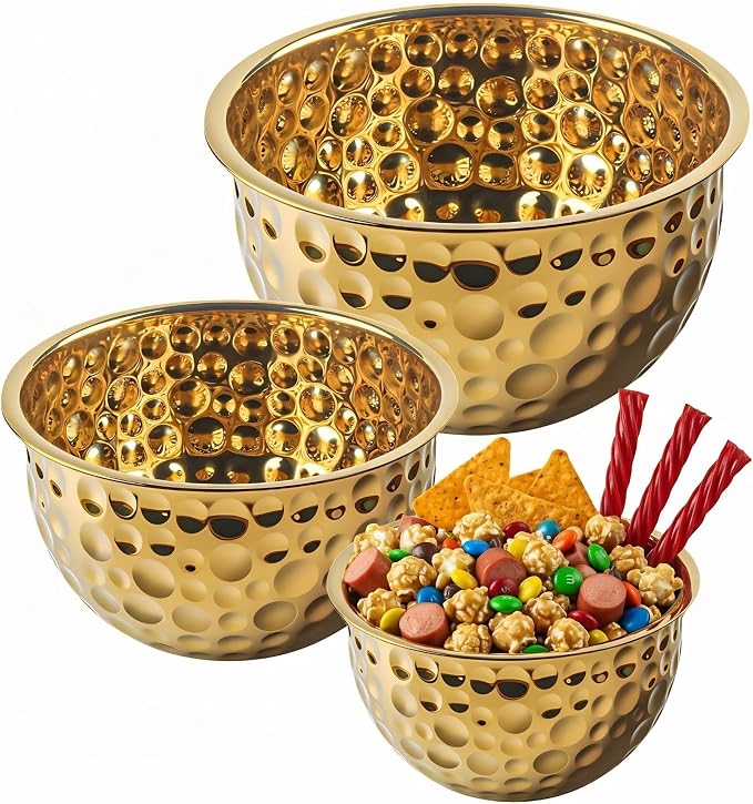 Gold Serving Bowls, Hammered Gold Bowls Set of 3, Large Popcorn Bowl Elegant Snack Bowl Set for Movie Night, Decorative Stainless Steel Salad Bowls for Party & Entertaining (7.2, 4, 2 Qt)