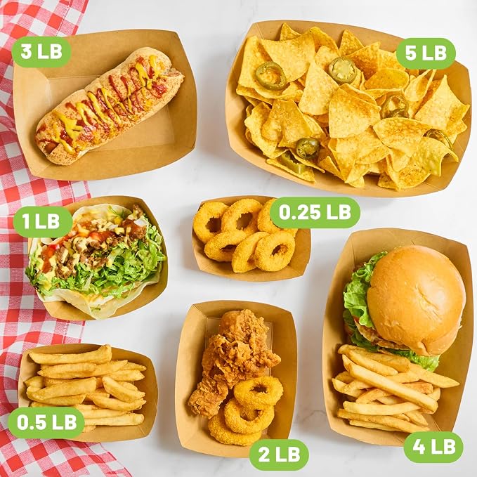 ZORRITA Large Paper Food Trays, 4 LB, 100 Pack | Disposable, Kraft Paper, Nacho Trays, Food Boats, Party Serving Basket, For Nachos Sandwiches Burgers Popcorns Salads Snacks