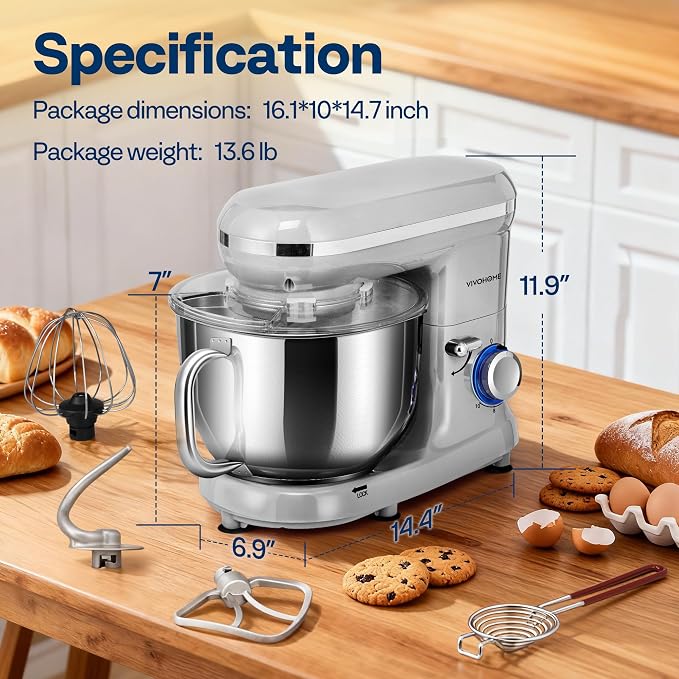 VIVOHOME Stand Mixer, 6-Quart Tilt-Head Kitchen Mixer with Bowl, Silver | 10 Speeds, Splash Guard, Dough Hook, Beater, Whisk, Egg Separator, for Cake & Bread