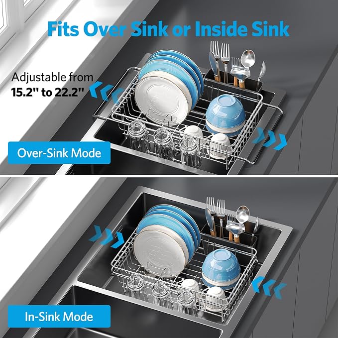 Delamu Over The Sink Dish Drying Rack for Small Kitchen | Expandable Stainless Steel Dish Rack in Sink, Dish Drainers for Kitchen Sink with Cup & Utensil Holder, Rustproof, Small