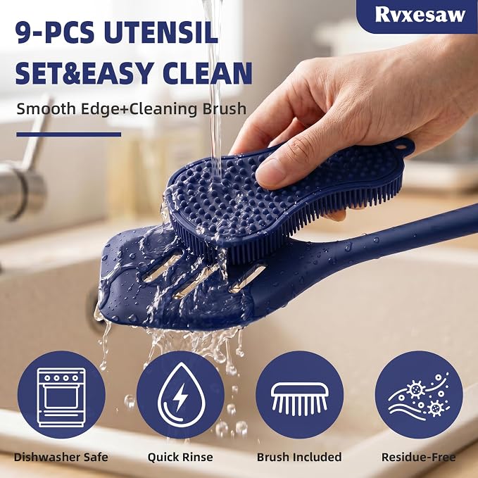 Kitchen Utensils Set,9 PCS Silicone Cooking Utensils Set Spatula Set,Tongs,Spoon,Whisk,Brush,Dishwasher Safe Kitchen Gadgets for Non-Stick Cookware,Home Essential，Kitchen Appliances(Navy Blue)