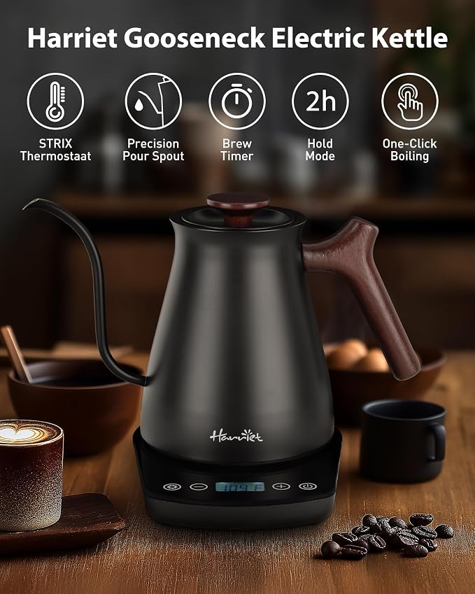 Harriet Gooseneck Electric Kettle, 0.8L, 1°F Control, Brew Timer | 120-Min Keep Warm, 104–203°F Control, Built-In Brew Timer, SUS304 Stainless Steel, Wood-Accent Handle for Pour-Over Coffee