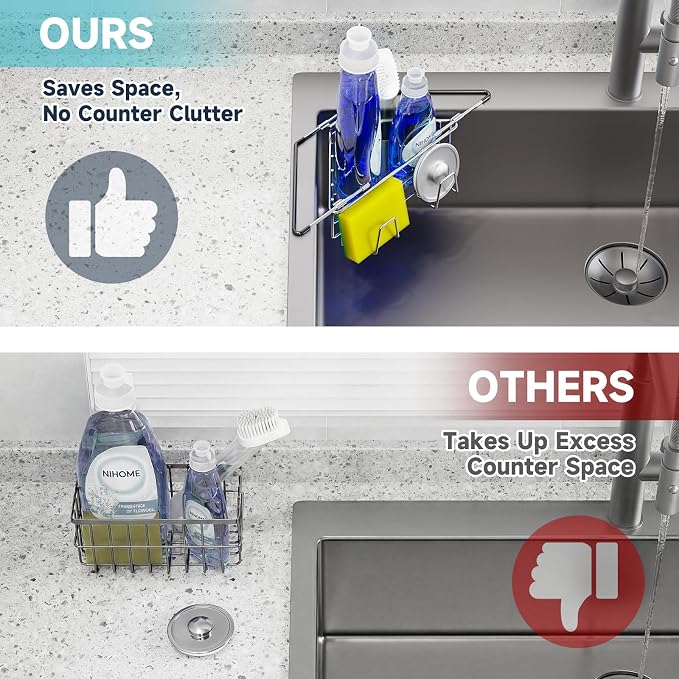 NiHome Adjustable Corner Caddy, Sponge Holder for Kitchen Sink | Rustproof 304 Stainless Steel Storage with Extendable Arms and Open Drainage for Rapid Drying of Brushes and Soap Bars