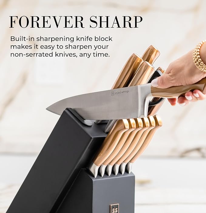 Black and Gold Knife Set for Kitchen with Block – 14-Piece Ultra-Sharp Stainless Steel Knives with Gold Handles and Built-In Sharpener – Stylish Kitchen Accessories for Cooking and Decor | Ultra-Sharp Stainless Steel Knives with Gold Handles & Built-In...