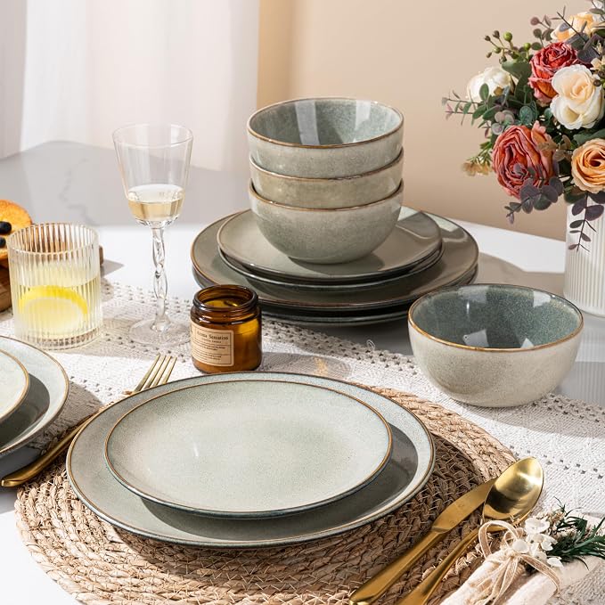 GBHOME Dinnerware Sets for 6, 24 Pieces Ceramic Plates and Bowls Set | Scratch Resistant Stoneware Dishes Set, Dishwasher & Microwave Safe, Reactive Glaze-Green Wheat
