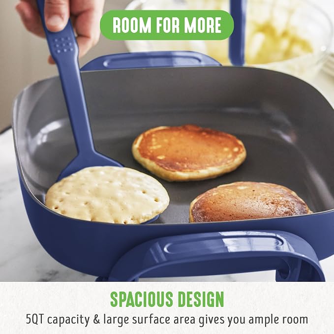GreenLife 12" 5QT Electric Skillet, Blue | PFAS-Free Ceramic Nonstick Coated Interior, Glass Vented Lid, Temperature Control, Dishwasher Safe, Pancakes, Eggs, Bacon
