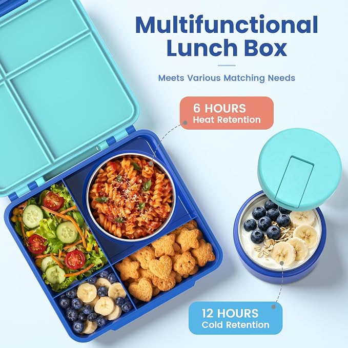 LOHASOK Bento Lunch Box for Kids with 8oz Soup Thermo,Blue | 4-Compartment, Leak-Proof Lunch Containers with Insulated Food Jar and Silicone Foldable Spoon Fork