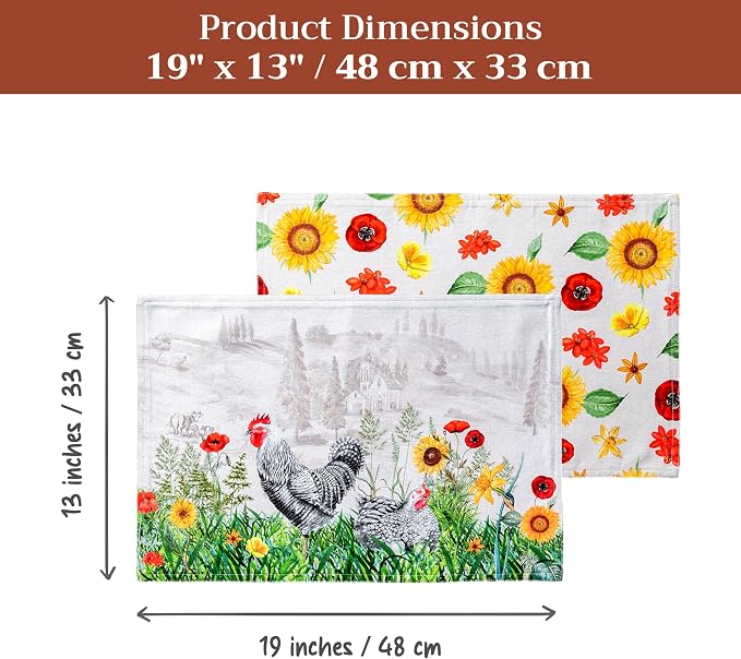 Maison d' Hermine Placemats Set of 4 Reusable 100% Cotton (13"x19") | Cloth Place Mats Washable Table Mats for Kitchen Dining Party Wedding Hotel Home Restaurant Spring Summer - Basse Cour