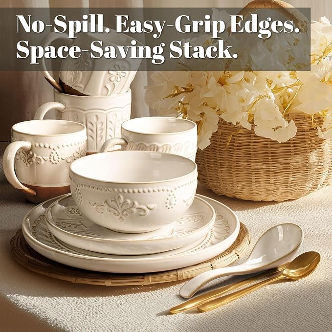 Plates And Bowls Sets, 16 Pieces Dinnerware Sets, Dish Set For 4, Ceramic Kitchen Bowl And Plate Set, Embossed White Dishware Sets, Dishwasher & Microwave Safe (Pinwheel Flower)