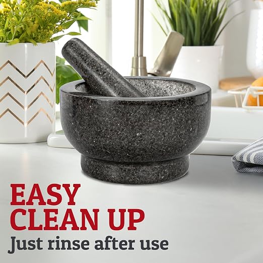 PriorityChef 4 Cup Large Mortar and Pestle Set, 100% Natural Granite, 7 Inch Diameter Bowl with 7.2 Inch Pestle, Make Fresh Guacamole at Home, Solid Stone Grinder Bowl, Herb and Spice Grinder, Black