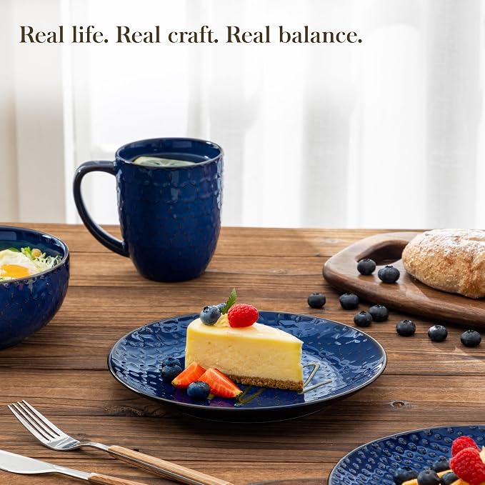 MALACASA 16 Pieces Dinnerware Sets, Farmhouse Plates and Bowls Sets, Embossed Blue Dish Set for 4, Vintage Relief Ceramic Dish Set with Mugs, Microwave and Dishwasher Safe, Series LYDIA