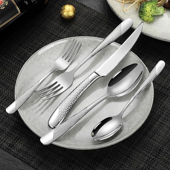 Hammered 30 Pieces Set Silverware Set for 6 with Serrated Forging Knives,18/10 Stainless Steel Modern Flatware Set,Unique Cutlery Set,Mirror Polished,Dishwasher Safe