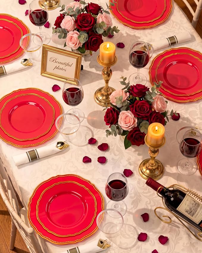 350 Pcs Red Gold Plastic Plates Wedding & Party | Red Plastic Dinnerware Set Includes 50 Dinner Plates, 50 Dessert Dinnerware, 50 Cups, 50 Pre-rolled Napkins