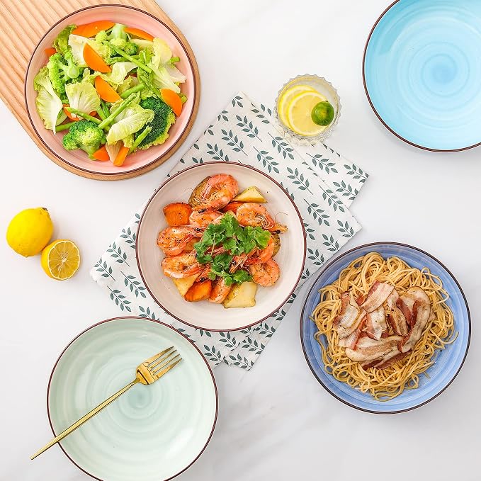 KitchenTour Ceramic Pasta Bowls, 26 oz Salad Serving Plate Bowls, Set of 6 | Wide and Shallow Porcelain Dinner Soup Bowl Plates, 8 Inch, Dishwasher and Microwave Safe, Pastel Swirl