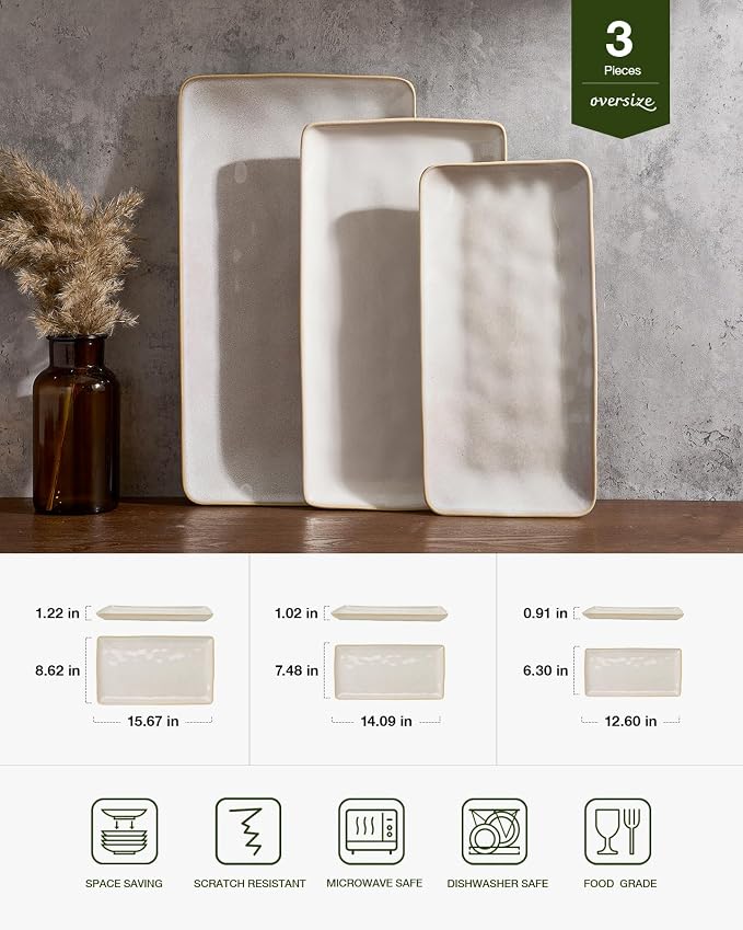 Famiware Serving Platters Set of 3 Sizes - Rectangular, Cappuccino White | 15.67"/14.1"/12.6" Fine Stoneware Serving Trays for Party, Entertaining for Food, Turkey, Cheese, Microwave Dishwasher Safe