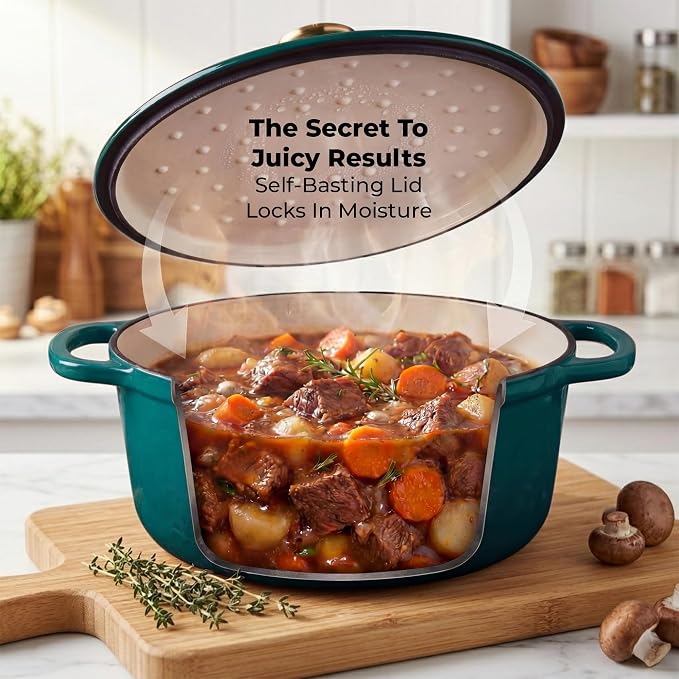 Zulay Kitchen 7.7 Quart Enameled Cast Iron Dutch Oven Pot with Lid – Premium Durability & Oven Safe up to 500°F – Heavy Duty Cookware Perfect for Bread Baking, Stews, Braising & Roasting – Emerald