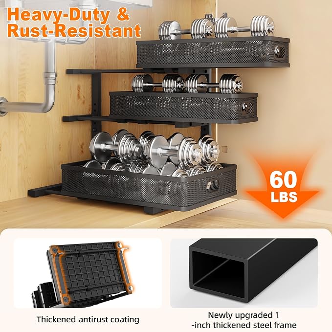 3 Tier Under Sink Organizer,Black Metal Pull Out Kitchen Cabinet Organizers, Slide Out Under Sink Storage Drawers, Undersink Organizer,Bathroom Counter Shelf, Pantry Organization and Storage （2 Pack）