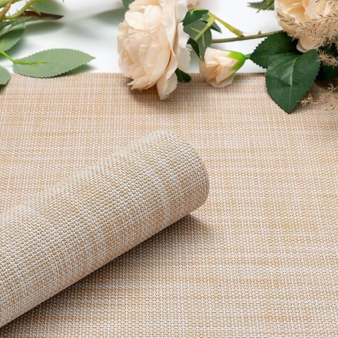 Myir JUN Placemats Set of 8 Kitchen and Dining Table Placemats | Vinyl Placemats Place Mats Indoor/Outdoor Set of 8 Washable Table Mats Non-Slip Place mats for Dining Table, Beige