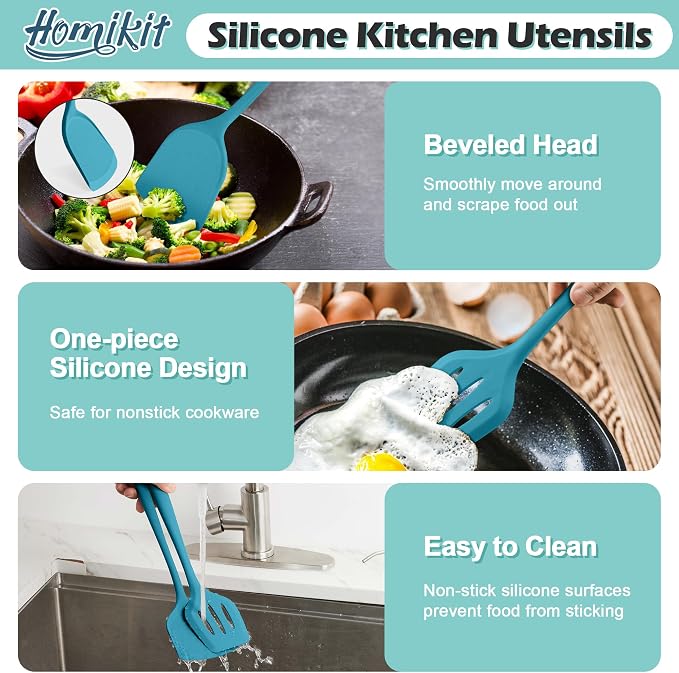 Homikit Silicone Cooking Utensils Set, 15 PCS Kitchen Utensil Spatula Set | Nonstick and Heat Resistant Kitchen Utensil Set with Holder, Kitchen Gadgets Home Essentials & Pot and Pans Accessories, Blue