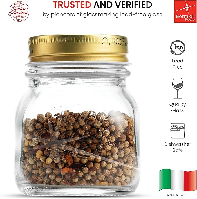 Bormioli Rocco Quattro Stagioni Small Glass Mason Jars 5 Ounce Mini Jars (6-Pack) with Metal Airtight Lid, For Jam, Jelly, baby food, Crafts, Spices, Dry Food Storage, Wedding favors, Decorating Jar