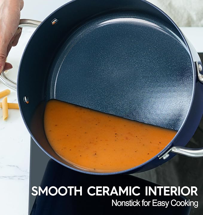 MICHELANGELO 5 Qt Ceramic Nonstick Stock Pot with Lid for Daily Meals, Blue | Aluminum stock pot with ceramic nonstick coating, glass lid, stainless handles and induction-ready base for small households