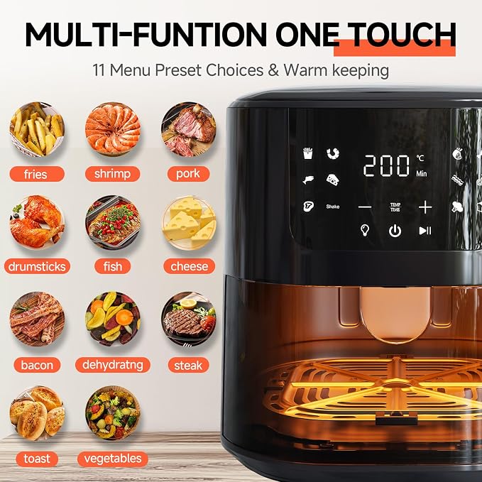 Qido Air Fryer, 5.28 QT Square Airfryer with Visual Window, 400°F Fast Heating Air Fryers Oven with One-Touch Presets, Auto-Off, Dishwasher-Safe Nonstick Basket, Multiple 8 in 1 Function, Light Black