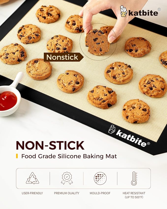 Katbite Silicone Baking Mat Set of 3 Black | 2 Half Sheets Mats + 1 Quarter Baking Sheet, Reusable & Nonstick Bakeware Mats for Cookies, Macarons, Bread