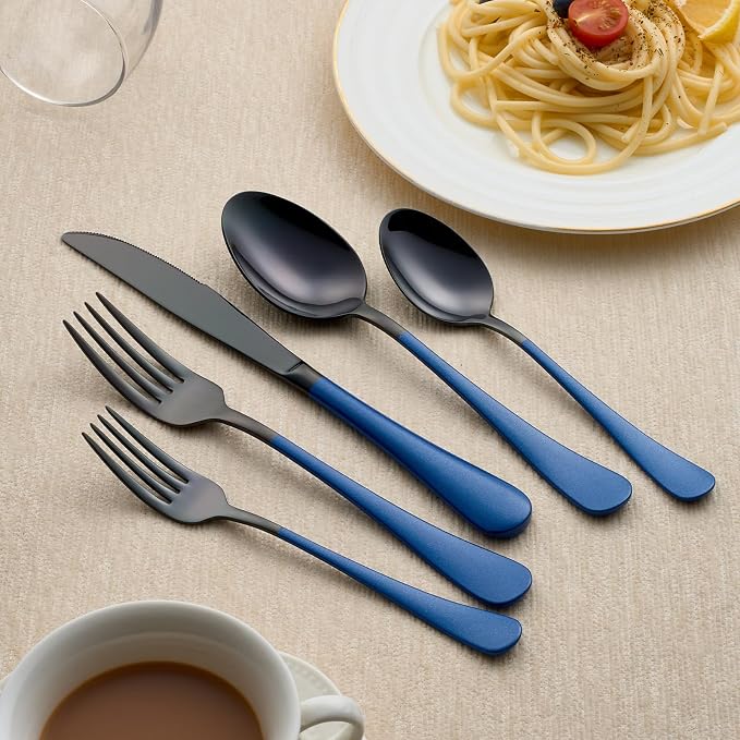 20-Piece Black and Dark Blue Silverware Set 18/0 Stainless Steel Silverware Set Dark Blue Handle Cutlery Set Service for 4 Dinner Knives Forks Spoons Set Flatware Set Finish Dishwasher Safe
