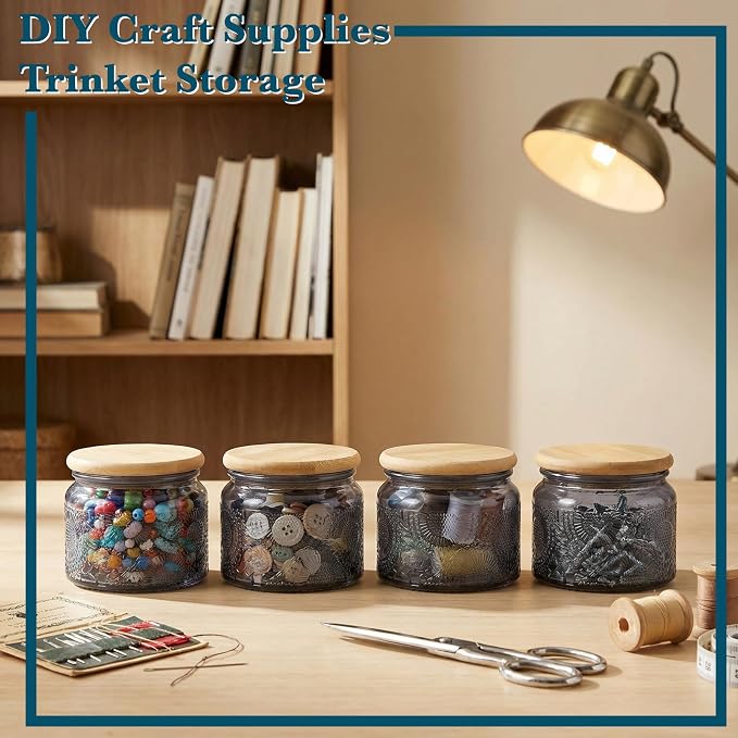 4 oz Decorative Small Glass Jars with Airtight Bamboo Lids, Grey 6 Pack | Vintage embossed color coated containers, kitchen pantry bathroom organization & decor, spices, DIY gifts, candle making