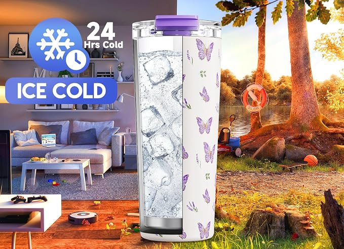 Meoky 24 oz Insulated Travel Coffee Mug: Leak Proof Lid, Butterfly | Stainless Steel Coffee Tumbler, Keeps Hot for 8 Hours or Cold for 24 Hours, Fits in Car Cup Holder, BPA Free