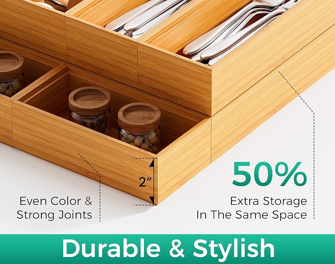 Bamboo Kitchen Drawer Organizer Boxes 14" x 5" Stackable Pantry Organizers | Set of 2 Wood Silverware Utensil Tray Drawers Bins Cutlery & Flatware Storage – Wooden Tray for Junk Drawer Bathroom Rv