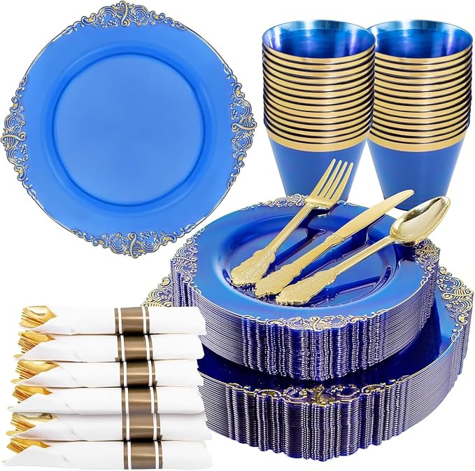 Nervure 175Pcs Blue Plastic Plates, Disposable Party Plates for 25 Guests | 25 7.5" Dessert & 25 10.25" Dinner Plastic Plates, 75 Gold Cutlery, 25 9oz Cups, 25 Napkin for Wedding & Party, Heavy-duty