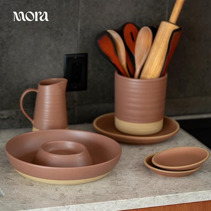 Mora Ceramic Chips and Dip Serving Tray: Large Divided Party Bowl Set for Chips & Salsa, Veggies & Dip, Fruit, Snacks, Entertaining, Hosting, etc. Minimalist Design for the Modern Hostess - Terracotta