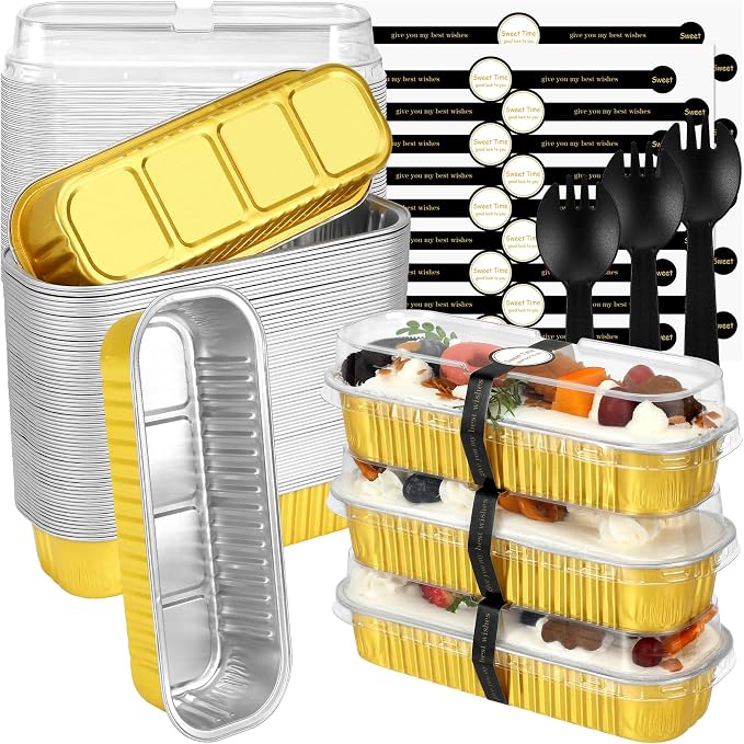 EgticHome Mini Loaf Pans with Lids and Spoons (100 Pack, Gold, 6.8oz) Rectangular Aluminum Foil Baking Pans