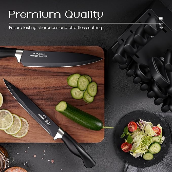 Knife Set, Amorston 21 Pieces Kitchen Knife Set with Block and Sharpener, Ultra-Sharp Knives Set with Ergonomic Handles, Black German Stainless Steel Knife Block Set, Dishwasher Safe
