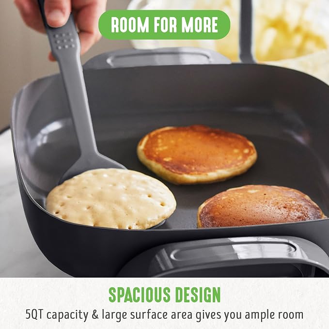 GreenLife 12" 5QT Electric Skillet, Black | PFAS-Free Ceramic Nonstick Coated Interior, Glass Vented Lid, Temperature Control, Dishwasher Safe, Pancakes, Eggs, Bacon