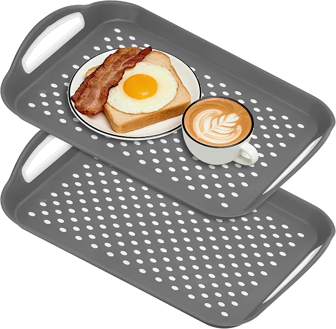 Non-Slip Lap Tray Set of 2, Gray | Dishwasher safe rectangular serving trays with handles. Perfect for couch, bed, desk. Sturdy, easy to clean