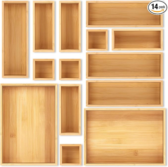 MapleGrace Bamboo Drawer Organizer Set, 14 PCS Wood Storage Organizers | Multi-Use Junk Drawer Divider, Storage Trays Containers for Kitchen, Bathroom, Office Desk, Makeup, Jewelry, Utensils