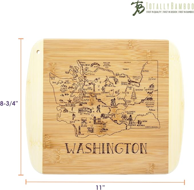 Totally Bamboo A Slice of Life Washington Engraved Map Cutting Board | 11” x 8.75” charcuterie board with engraved state map artwork. Smooth reverse side for food prep. Hang tie for wall display.