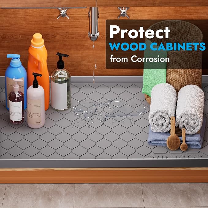 Winisok Waterproof Under Sink Mat 31" x 22", Silicone Mat, Beige | Raised Edge Traps Spills & Leaks, Shelf Liner, Cabinet Protector, for Kitchen, Bathroom, Boots, Pets, Home Essentials